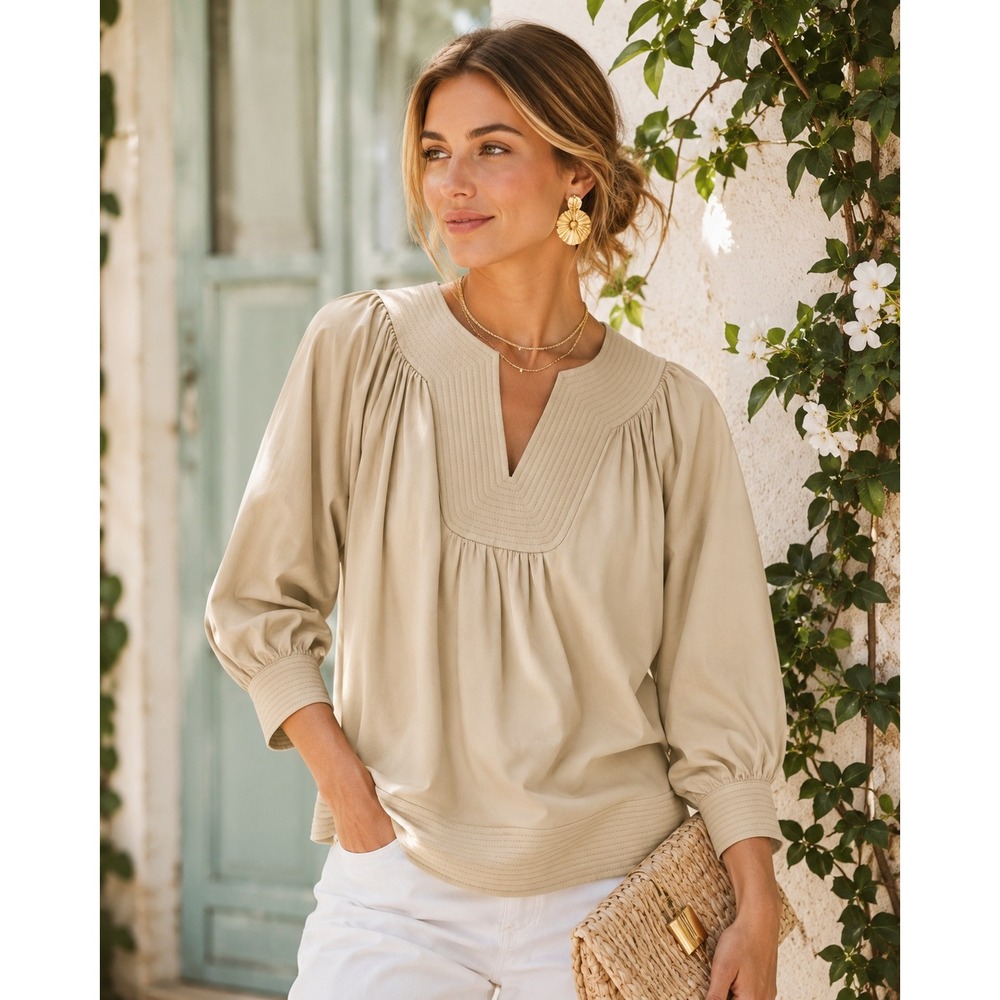 NWOT Tuckernuck Pomander Place Koa Tan Vneck Blouse (MSRP: $108) Size Medium
